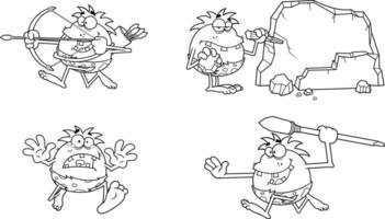 Outlined Caveman Cartoon Characters. Hand Drawn Collection Set Isolated On White Background vector