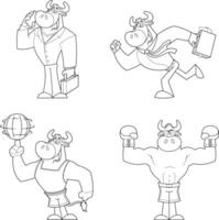 Outlined Bull Cartoon Mascot Character Different Poses. Collection vector
