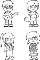 Outlined School Kid s Cartoon Characters In Different Poses. Collection vector