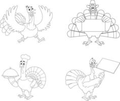 Outlined Turkey Cartoon Characters In Different Poses. Hand Drawn Collection Set vector