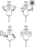 Outlined Syringe Vaccine Cartoon Character In Different Poses vector