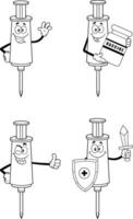 Outlined Syringe Vaccine Cartoon Character In Different Poses. Collection vector