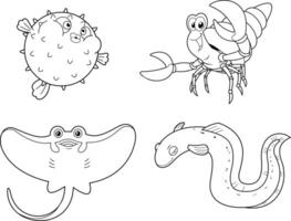 Outlined Ocean Or Sea Animals Cartoon Characters Different Poses. Hand Drawn Collection Set vector