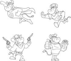 Outlined Bull Cartoon Mascot Character Different Poses. Hand Drawn Collection vector