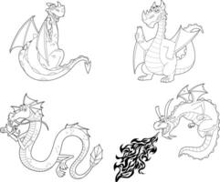 Outlined Cute Dragon Cartoon Characters. Hand Drawn Collection Set vector