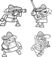 Outlined Detective Pug Dog Cartoon Character In Different Poses. Collection Set vector