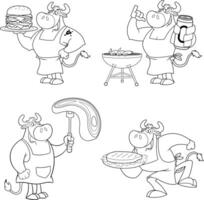 Outlined Bull Cartoon Mascot Character Different Poses. Hand Drawn Collection Set vector