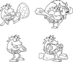 Outlined Caveman Cartoon Characters. Hand Drawn Collection vector