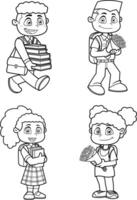 Outlined School Kid's Cartoon Characters In Different Poses. Hand Drawn Collection Set vector