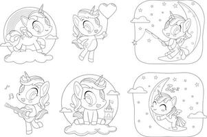 Outlined Cute Magical Baby Unicorn Cartoon Characters. Flat Design Collection Set Isolated On Transparent Background vector