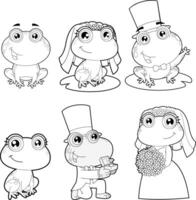 Outlined Cute Frogs Cartoon Characters Newlyweds. Hand Drawn Collection Set Isolated On Transparent Background vector