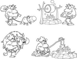 Outlined Caveman Cartoon Characters. Hand Drawn Collection Set vector