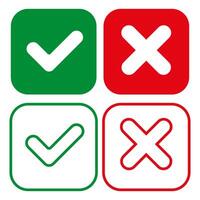 Set of checkmarks in square shapes. OK sign and X icon. vector