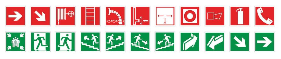 Signs of actions in case of emergency and fire. Emergency gathering place, actions in case of fire, first aid symbols. vector