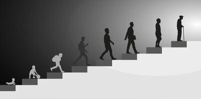Men, stages of development. Silhouettes on stairs going towards the light. The speed of life. vector