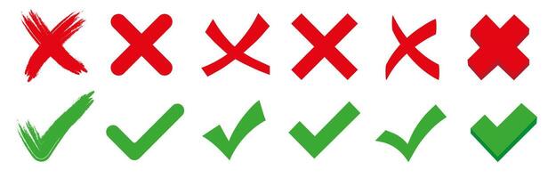Set of flat confirm and cancel check marks. Signs and lines of different thicknesses, green and red. vector