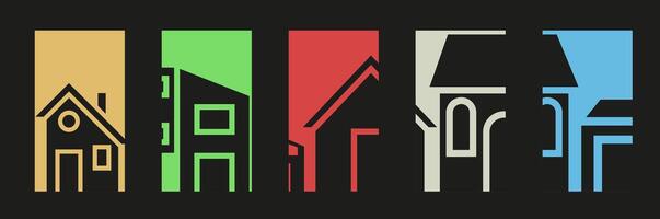 Houses and huts in colored rectangles. Collection of dark house icons. vector
