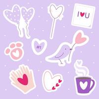 Set of Valentines day stickers with heart shape balloons, line shapes, bird with heart flower, cat paw, hands holding a heart, hot cup, memory paper, sparkler. Cartoon flat illustration vector