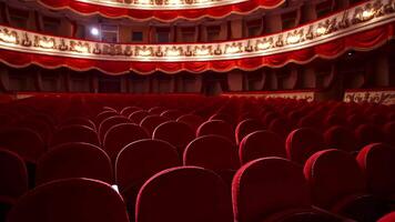 Kyiv, Ukraine, 29 May 2024 Empty classic theater. Rows of empty red velvet seats inside a theater or opera. No people in hall because of pandemic. Selective focus on opera interior. video