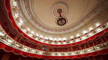 Kyiv, Ukraine, 29 May 2024 Selective focus on empty rows with red velvet seats in theater hall. Rows with empty chairs. No people because of covid-19. video