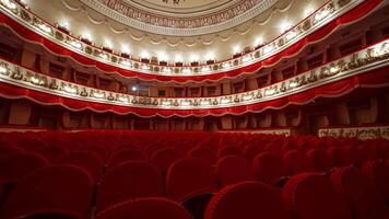 Kyiv, Ukraine, 29 May 2024 Empty classic theater. Rows of empty red velvet seats inside a theater or opera. No people in hall because of pandemic. Selective focus on opera interior. video