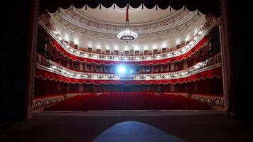Kyiv, Ukraine, 29 May 2024 Selective focus from stage on empty rows with red velvet seats in theater hall. Rows with empty chairs. No people because of covid-19. video