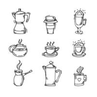 set of coffee accessories, cups and teapots, hand drawn in cartoon style. vector