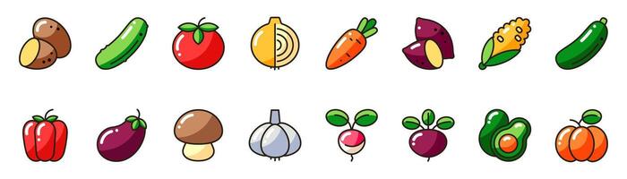 Set of color icons of vegetables with outline. Collection of icons of linear vegetables in color. Graphic elements of linear design. Healthy food, organic products. vector