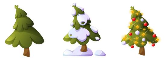 Illustration of a Christmas tree in three on a white background. Green forest tree. Winter snow-covered tree in snowdrifts. Christmas tree decorated with balls and garland. vector