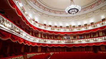 Kyiv, Ukraine, 29 May 2024 Rows of empty red velvet seats inside a theater or opera. No people in hall because of pandemic. Selective focus on opera interior. video