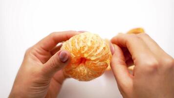Orange mandarin in woman's hands. Hands are peeling a juicy fruit on white background. Close-up. video