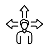 Businessman must choose between three different options indicated by arrows pointing in opposite vector