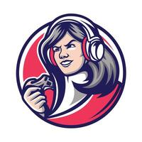 mascot icon illustration of a woman gamer playing game set inside circle on isolated background done vector