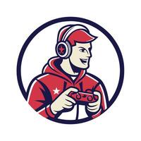 a man in a red and white hoodie holding a controller vector