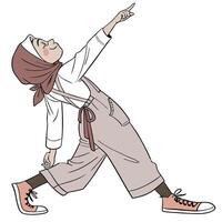 a cartoon girl in a headscarf is pointing to something vector