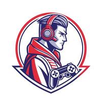 mascot icon illustration of a gamer with headphones holding a controller set inside shield on isolated background vector