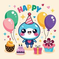 happy birthday card with cute cartoon shark vector