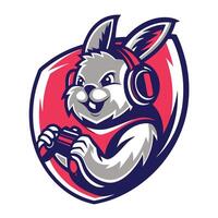 mascot illustration of a rabbit playing game on controller set inside shield crest on isolated background vector