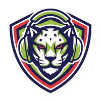 mascot icon illustration of a leopard with headphones on head viewed from side on isolated background vector