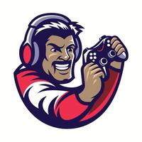 mascot icon retro retro game player with headphones holding controller set inside circle on isolated white vector