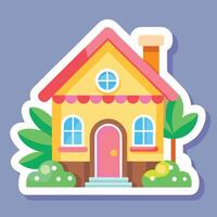 a sticker of a house with a tree and bushes vector
