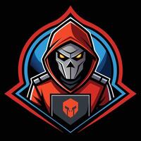 a red hooded man with a computer in front of him vector