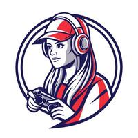 mascot icon illustration of a female gamer playing game set inside circle on isolated background done vector
