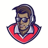 mascot icon of a call center operator wearing headphones and sunglasses set inside a shield on isolated vector