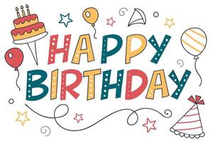 happy birthday with colorful balloons and other items vector