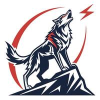 wolf howling on mountain top with lightning bolt illustration vector