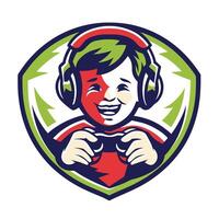 the design smiling boy holding a controller in his hand vector