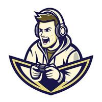 mascot icon illustration of a gamer playing game on a controller set inside shield on isolated vector