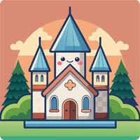 a cartoon church with a tower and trees vector