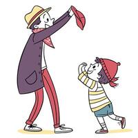 a man and a child are playing with a red hat vector